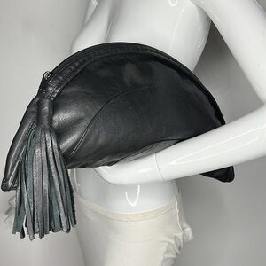 Black Leather Crescent Clutch with Tassel